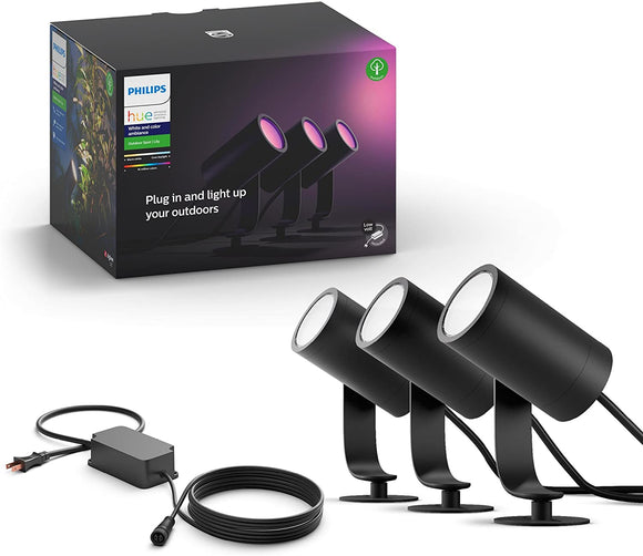 Philips Hue Lily White & Color Outdoor Spot Light Base kit (Hue Hub required), 3 Spot Lights with power supply + mount, Works with Alexa, HomeKit & Google Assistant