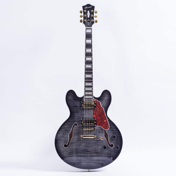 NEW GROTE 335 style Jazz Electric Guitar Flame Maple top Semi-Hollow Body Gold Hardware (black)