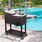 80QT Patio Cooler Cart, Beverage Outdoor Cooler with Shelf, Bottle Cap Catch Bin & Bottle Opener, Brown.