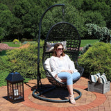 Sunnydaze Cordelia Hanging Egg Chair with Steel Stand Set – Resin Wicker Porch Swing – Large Basket Design Patio Swing- Outdoor Lounging Chair – Includes Beige Cushion and Headrest