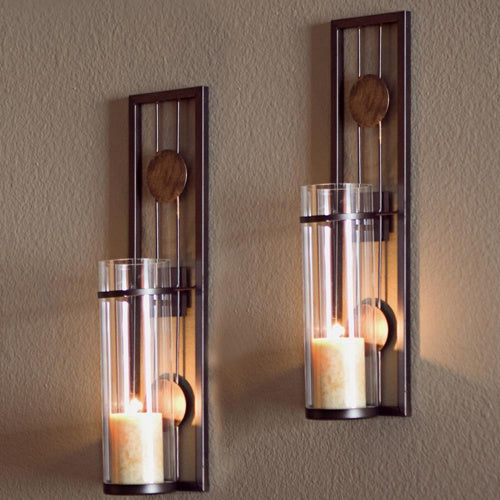 DANYA B Contemporary Metal Brown Wall Candle Sconces with Antique Patina Medallions (Set of 2)