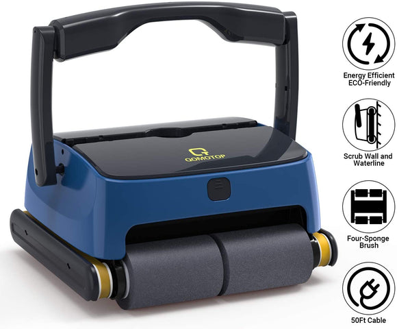 QOMOTOP Robotic Pool Cleaner, Automatic Wall-Climbing Swimming Pool Cleaners Vacuum, with 4 Powerful Scrubbing Brushes for Waterline and 2 Large Filter Baskets, Ideal for Above/In- ground Swimming