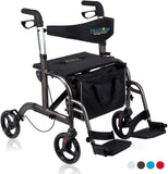 2 in 1 Rollator-Transport Chair w/Paded Seatrest, Reversible Backrest and Detachable Footrests, Sky Blue