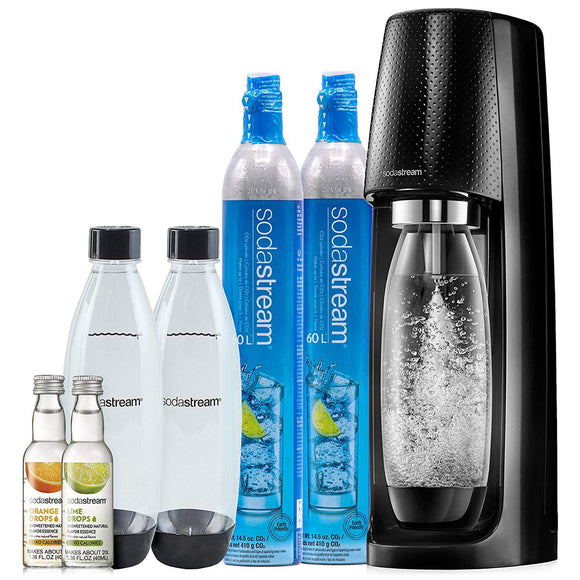 SodaStream Fizzi Sparkling Water Machine Bundle (Black), with CO2, BPA free Bottles, and 0 Calorie Fruit Drops Flavors