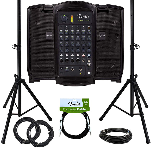 Fender Passport Event Portable PA System Bundle with Compact Speaker Stands, XLR Cable, and Instrument Cable