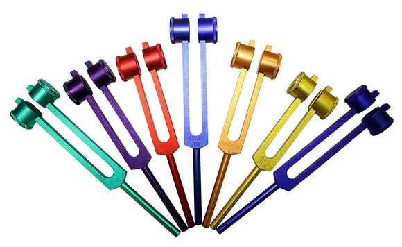 Radical 8 Chakra & Soul Purpose Cosmic Colored Weighted Healing Tuning Forks with Activator & Pouch