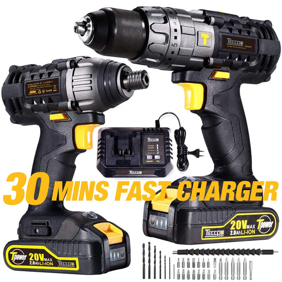 Impact Driver and Hammer Drill, 20V Combo Kits, 2X2.0Ah Li-Ion Batteries, 30-Min Quick Charger, 32pcs Accessories TECCPO
