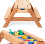 Kids 3-in-1 Outdoor Convertible Wood Activity Sand & Water Picnic Table w/ Umbrella, 2 Play Boxes