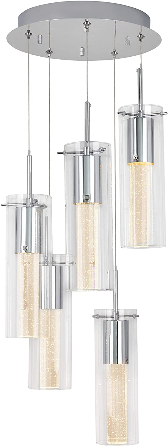 OME64B-HD2 Essence Spiral 5-Pendants Indoor Light Fixture with Integrated Led with Premium Glass and Dimmable, Chrome Finish