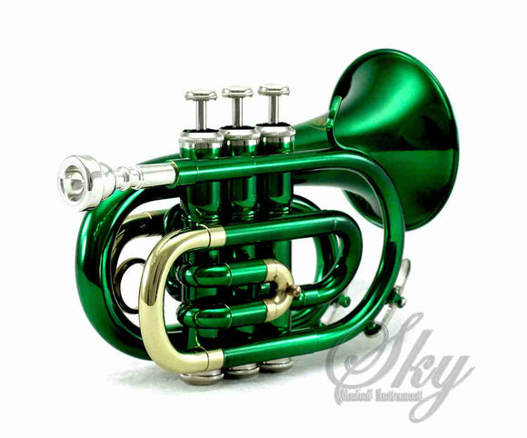 Sky Band Approved Green Lacquer Brass Bb Pocket Trumpet with Case, Cloth, Gloves and Valve Oil, Guarantee Top Quality Sound, Green