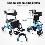 2 in 1 Rollator-Transport Chair w/Paded Seatrest, Reversible Backrest and Detachable Footrests, Sky Blue