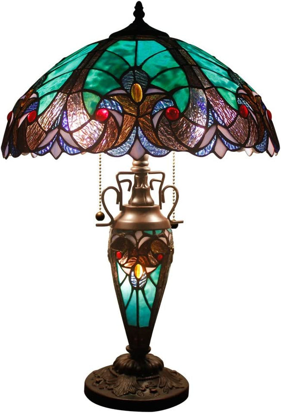 Stained Glass Lamp 3 Light W16 H24 Inch Tiffany Style Green Liaison Table Night Light for Living Room Bedroom Antique Dresser Coffee Table Beside Bookcase S160G
