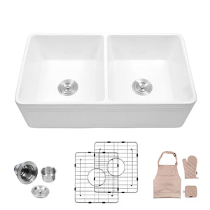 Lordear 33 Double Bowl Kitchen Sinks, LAW3318R2 White Porcelain Ceramic Farmhouse Fireclay Apron-Front Kitchen Sink Sink (33 inch)