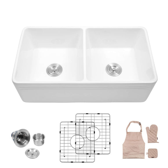 Lordear 33 Double Bowl Kitchen Sinks, LAW3318R2 White Porcelain Ceramic Farmhouse Fireclay Apron-Front Kitchen Sink Sink (33 inch)
