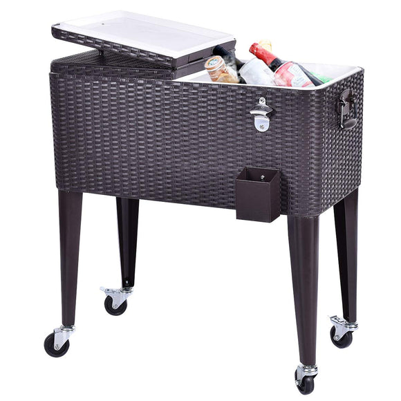 Giantex 80 Quart Rattan Rolling Cooler Cart Outdoor Patio Portable Party Drink Beverage Bar Cold Beach Chest Cart on Wheels, Brown Wicker