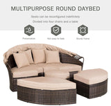 Outdoor Patio Round Daybed with Retractable Canopy, Brown Wicker Furniture Clamshell Sectional Seating with Washable Cushions, Backyard, Porch, Pool