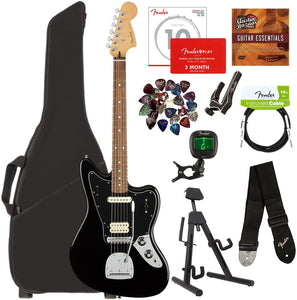 Fender Player Series Jaguar Pau Ferro Bundle w/Gig Bag, Stand, Tuner, Strap, Instrument Cable, Strings, Picks, Capo, Fender Play Trial, and Austin Bazaar Guitar Essentials DVD – Black