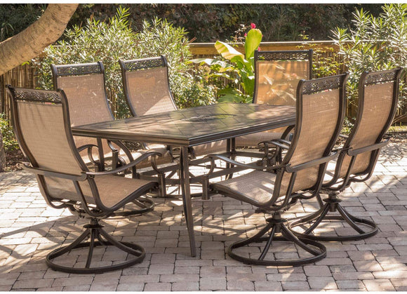 Monaca 7-Piece Cast Aluminum Outdoor Patio Dining Set, 6 Sling Swivel Rocker Chairs and 40