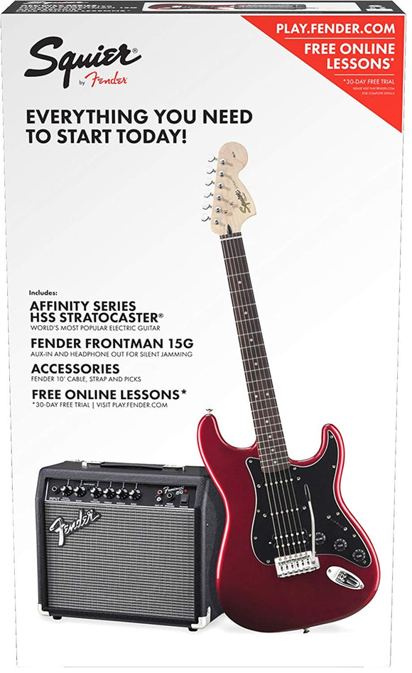 Squier by Fender Affinity Series Stratocaster Beginner Electric Guitar Pack – HSS – Candy Apple Red