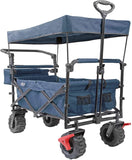 Extra Large Foldable Outdoor Wagon Cart with All Terrain Wheels and Canopy, Blue 265 Lb Capacity, Easy Folding Collapsible Utility Garden Transport Trolley, Great for Beach, Park, Sports, Parties