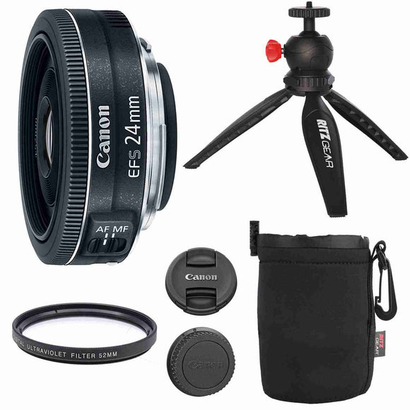 Canon EF-S 24mm f/2.8 STM Lens, Camera Lens, 12 Table Top Tripod, Ritz Gear Small Protective Pouch and Accessory Bundle