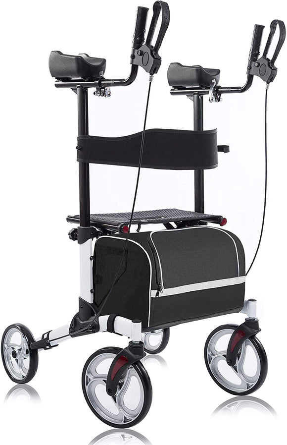 Upright Walker, Stand Up Rollator Walker Tall Rolling Mobility Walking Aid with 10” Front Wheels, Seat and Armrest for Seniors and Adults, White (2020-Update)