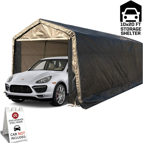 10 x 20-Feet Heavy Duty Carport Portable Garage Enclosed Car Canopy Outdoor Instant Shelter Party Tent with Sidewalls for Auto and Boat Storage, Waterproof and UV-Treated, Grey Peak Top Style