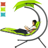 Outdoor Hanging Curved Steel Chaise Lounge Chair Swing w/Built-in Pillow and Removable Canopy, Teal