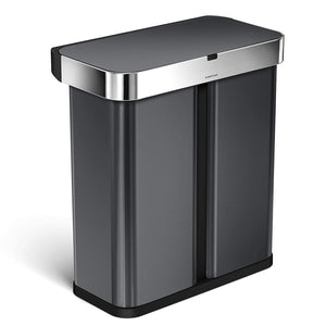 simplehuman 58 Liter / 153 Gallon Stainless Steel Touch-Free Dual Compartment Rectangular Kitchen Trash Can Recycler with Voice and Motion Sensor Activated Black