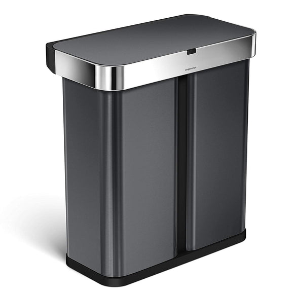 simplehuman 58 Liter / 153 Gallon Stainless Steel Touch-Free Dual Compartment Rectangular Kitchen Trash Can Recycler with Voice and Motion Sensor Activated Black