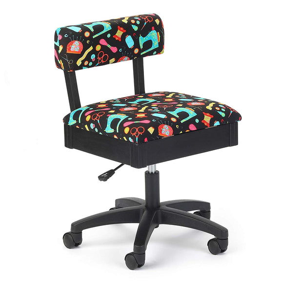 Arrow Height Adjustable Hydraulic Sewing Chair – Black with Black Riley Blake fabric