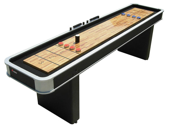 Atomic 9’ Platinum Shuffleboard Table with Poly-coated Playing Surface for Smooth Fast Puck Action and Pedestal Legs with Levelers for Optimum Stability and Level Play