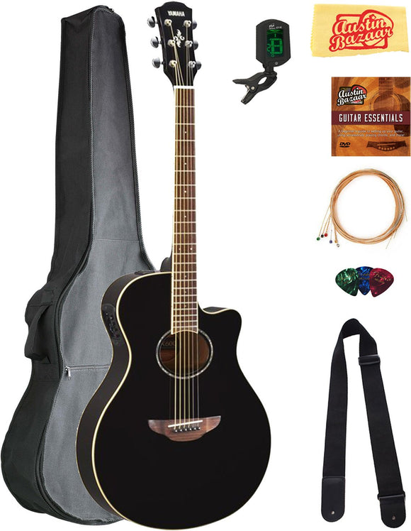 Yamaha APX600 Thin Body Acoustic-Electric Guitar – Black Bundle with Gig Bag Tuner Strings Strap Picks Austin Bazaar Instructional DVD and Polishing Cloth