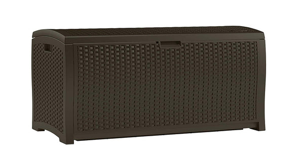 Suncast 99 Gallon Resin Wicker Patio Storage Box – Waterproof Outdoor Storage Container for Toys, Furniture, Yard Tools – Store Items on Deck, Porch, Backyard – Mocha