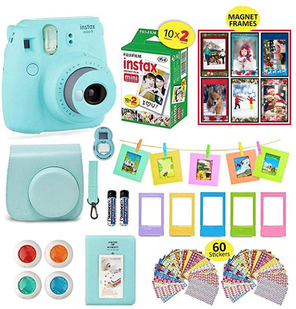 Fujifilm Instax Mini 9 Camera Bundle (Ice Blue) + Instant Camera Film 20 Sheets + Instax Case + Instax Camera Accessories Bundle, Albums, 4 Color Lenses, Selfie Lens, 6 Magnet Frames + 60 Stickers