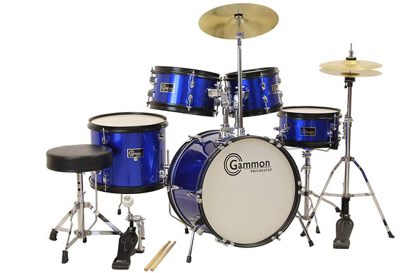 Gammon 5-Piece Junior Starter Drum Kit with Cymbals, Hardware, Sticks, & Throne – Metallic Blue