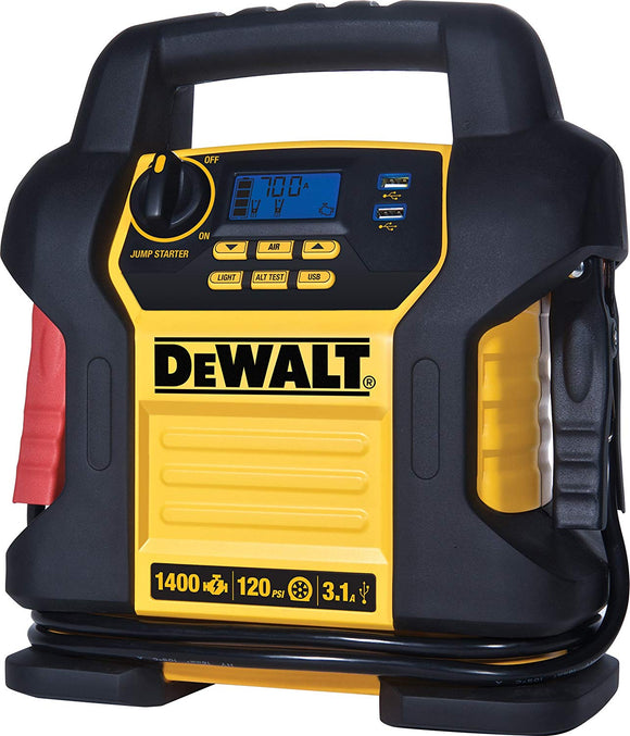 DEWALT DXAEJ14 Power Station Jump Starter: 1400 Peak/700 Instant Amps, 120 PSI Digital Air Compressor, 3.1A USB Ports, and Battery Clamps