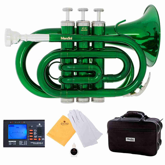 Mendini MPT-GN Green Lacquer Brass Bb Pocket Trumpet with One-Year Warranty, Tuner, Mouthpiece and Deluxe Case