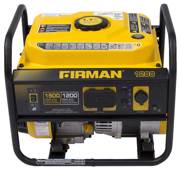 Firman P01202 1500/1200 Watt Recoil Start Gas Portable Generator cETL and CARB Certified with 12V-8.3A Charging Outlets, 54 lb. Black/Yellow