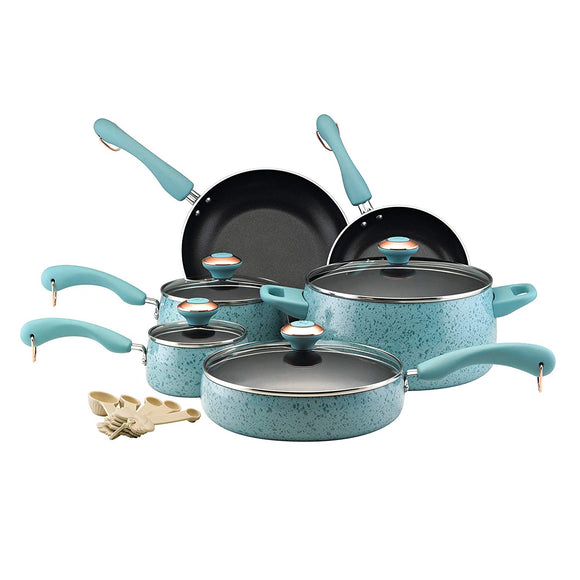 Paula Deen Signature Collection Porcelain Nonstick 15-Piece Cookware Set, Aqua Speckle