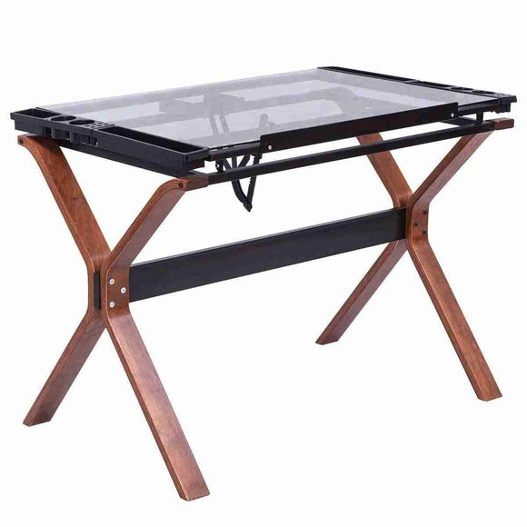 Tangkula Drafting Table Adjustable Home Office Workstation Glass Top Steel Frame Art Craft Station Drawing Desk Brown