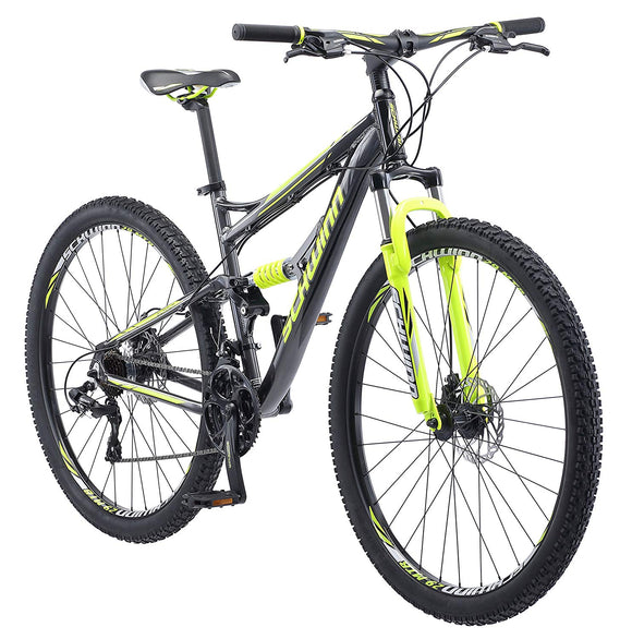 Schwinn Traxion Full Dual-Suspension Mountain Bike, Featuring 18-Inch/Medium Aluminum Frame and 29-Inch Wheels with Mechanical Disc Brakes, 24-Speed Shimano Drivetrain, Matte Grey/Neon Green