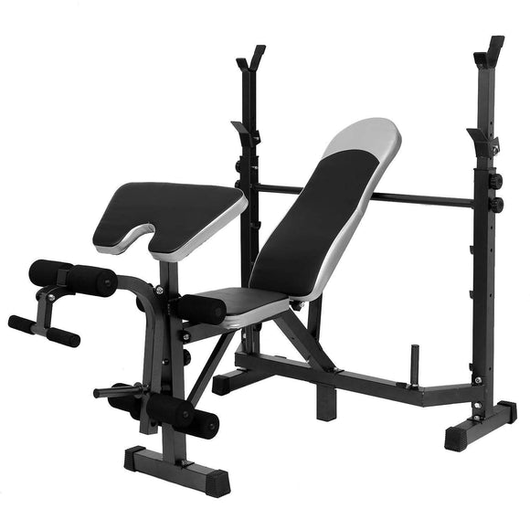 Multi-Function Olympic Workout Bench w/Adjustable Squat Rack Robust Frame Bench features Leg Developer Curl Yoke Preacher Pad Weight Capacity: 880lbs