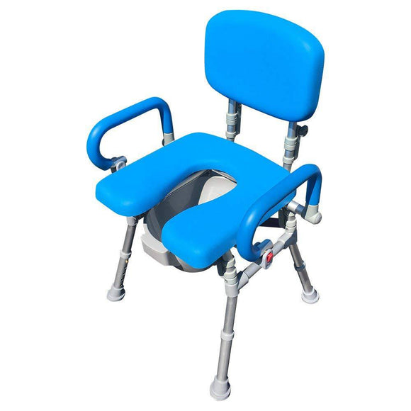 UltraCommode Voted #1 Most Comfortable Bedside Commode Chair- Soft Warm Padded and Foldable XL Seat with 100% Open Front Padded Pivoting Armrests Adjustable Height Free Commode Pail Blue