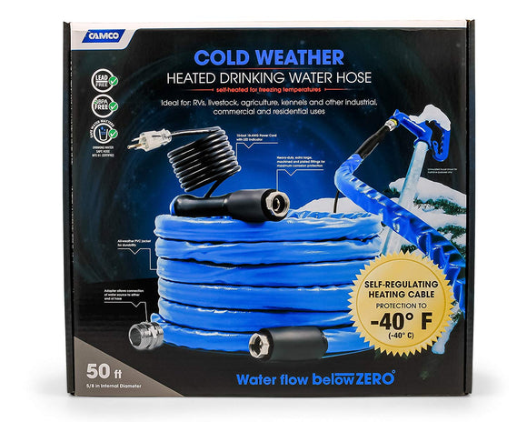 Camco 50ft Cold Weather Heated Drinking Water Hose Can Withstand Temperatures Down to -40°F/C – Lead and BPA Free, Reinforced for Maximum Kink Resistance 5/8 Inner Diameter (22925)