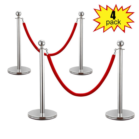 JAXPETY 2 Sets Round Top Polished Brass Stanchion Posts Queue Barrier, Pack of 4 Posts with Red Velvet Ropes,Silver