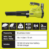 RYOBI 110 MPH 410 CFM 18-Volt ONE+ Brushless Lithium-Ion Cordless Variable-Speed Jet Fan 4Ah Battery Blower & Charger Included