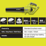 RYOBI 110 MPH 500 CFM 40-Volt Lithium-Ion Cordless Variable-Speed Jet Fan Leaf Blower with 4.0 Ah Battery and Charger Included