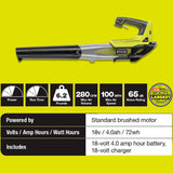 RYOBI Reconditioned ONE+ 100 MPH 280 CFM 18-Volt Lithium-Ion Cordless Leaf Blower – 4.0 Ah Battery and Charger Included