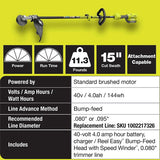 RYOBI 40-Volt Lithium-Ion Cordless Attachment Capable Trimmer/Edger – 4.0 Ah Battery and Charger Included